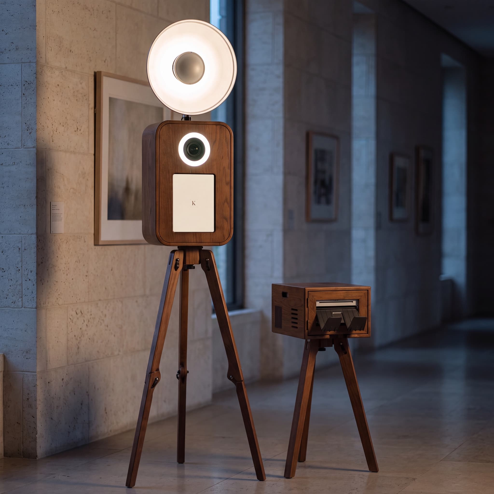 Signature Editorial oak booth and walnut printer installation in a limestone gallery