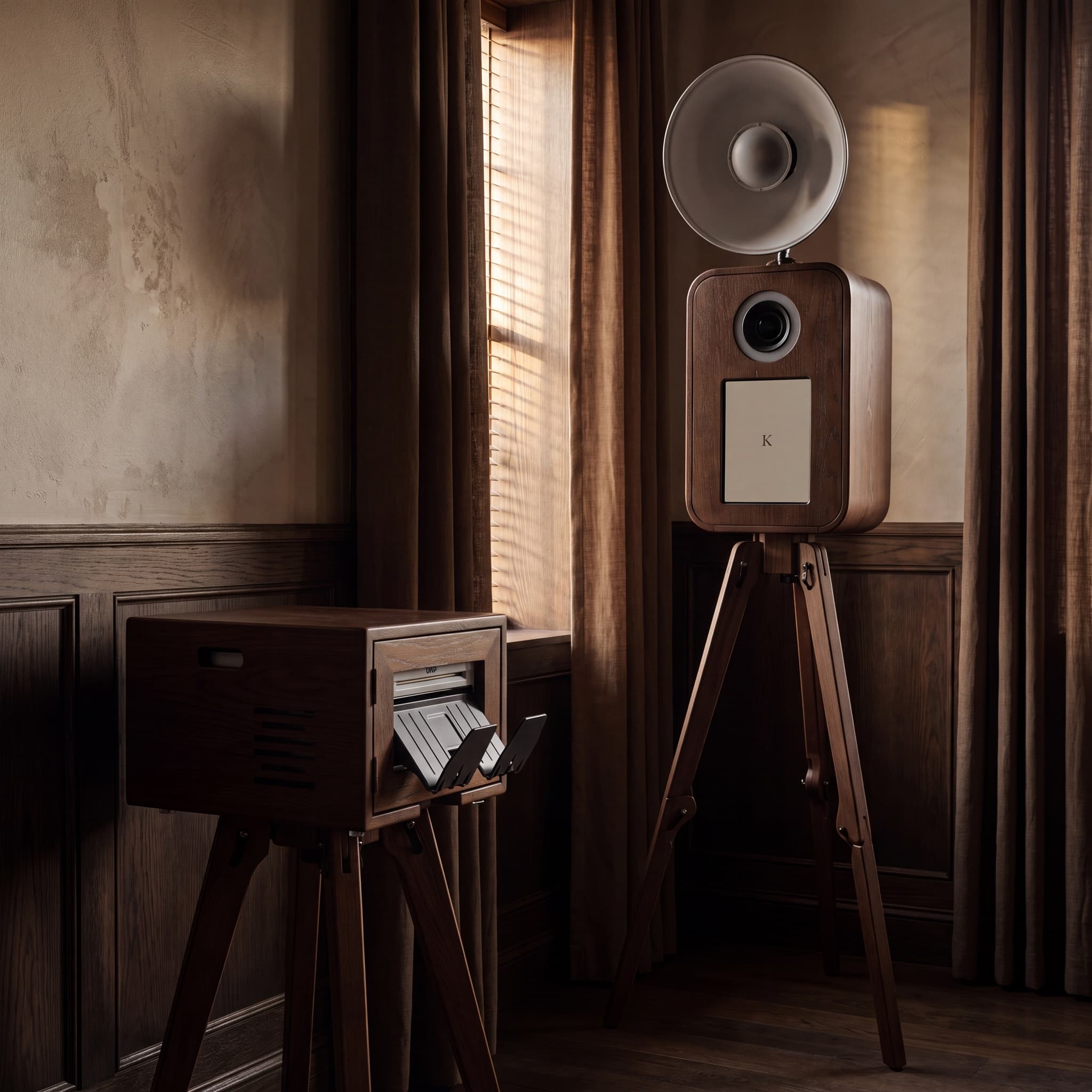Timeless Glam oak booth and walnut printer installation in a shadowed dining salon